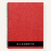 赤いグリッター、グリッターの背景、名前 ノートブック (正面)