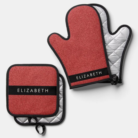 赤いグリッター、グリッターの背景、名前 鍋つかみ&鍋敷きセット (正面/裏面)