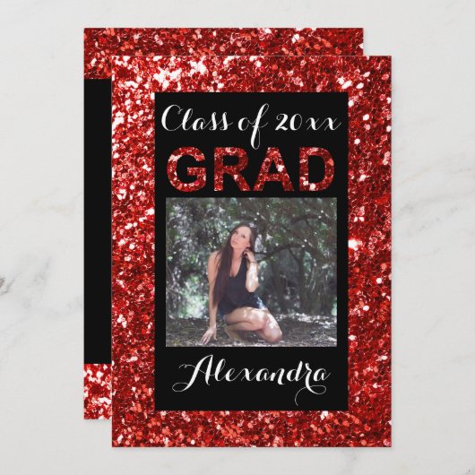 赤いグリッター – ルック1写真卒業 招待状 (正面/裏面)