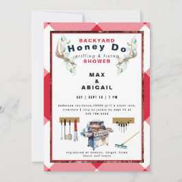 赤いグリルと鹿の角の装飾 カップルシャワー 招待状