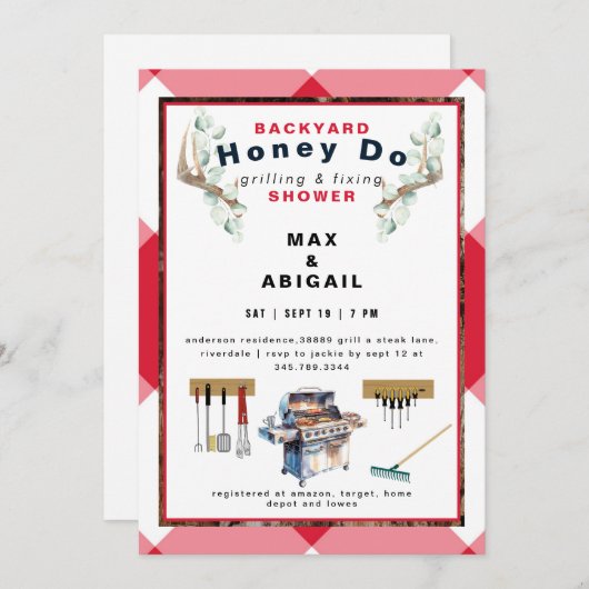 赤いグリルと鹿の角の装飾 カップルシャワー 招待状 (正面/裏面)