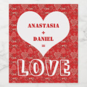 赤いグレーと白のハートパターンに名前を追加する ワインラベル (シングルラベル)