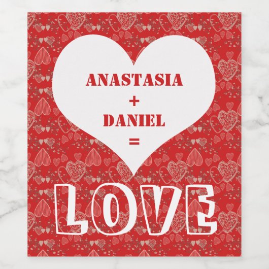 赤いグレーと白のハートパターンに名前を追加する ワインラベル (シングルラベル)