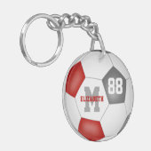 赤いグレーのスクールカラーの女の子の男の子サッカー キーホルダー (正面左)