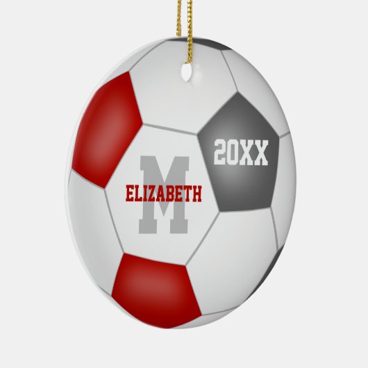 赤いグレーのスクールカラー女の子の男の子サッカー セラミックオーナメント (右)