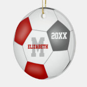 赤いグレーのスクールカラー女の子の男の子サッカー セラミックオーナメント (左)