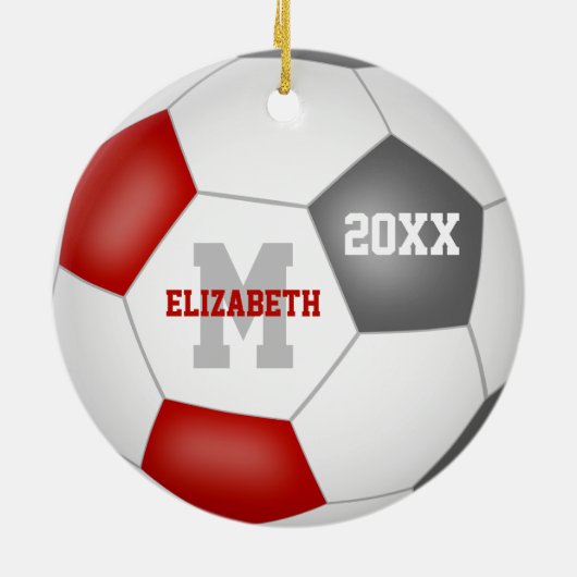赤いグレーのスクールカラー女の子の男の子サッカー セラミックオーナメント (裏面)