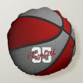 赤いグレーのスクールカラー女の子の男の子バスケットボールルーム ラウンドクッション (裏面)
