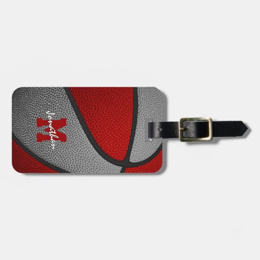 赤いグレーのチームカラーズモノグラムのバスケットボール ラゲッジタグ (正面横)