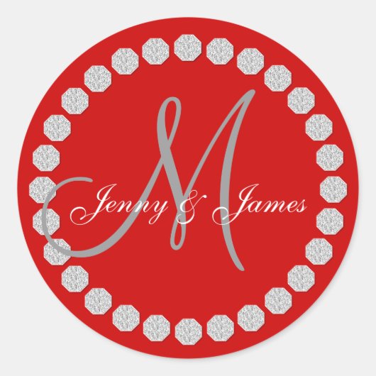 赤いグレーのモノグラム名結婚式の引き出物ラベル ラウンドシール (正面)