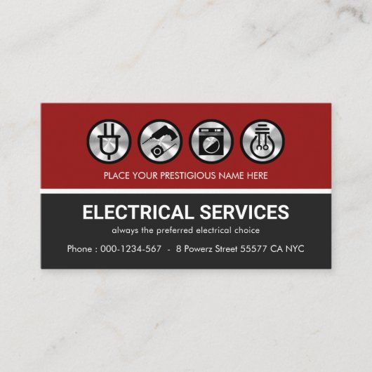 赤いグレーのレイヤー上の銀色の電気アイコン 名刺 (正面)