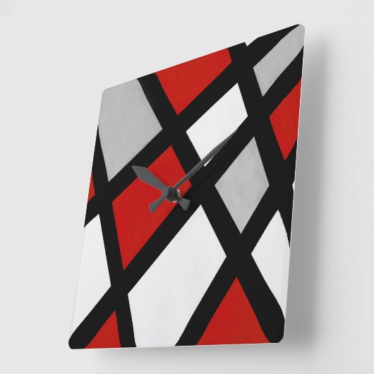 赤いグレーの白黒幾何学的 スクエア壁時計 (傾斜)