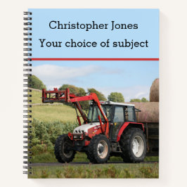 赤いグレーズリンコンのトラクターとトレーラー、あなたの名前 ノートブック