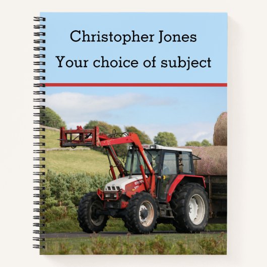 赤いグレーズリンコンのトラクターとトレーラー、あなたの名前 ノートブック (正面)