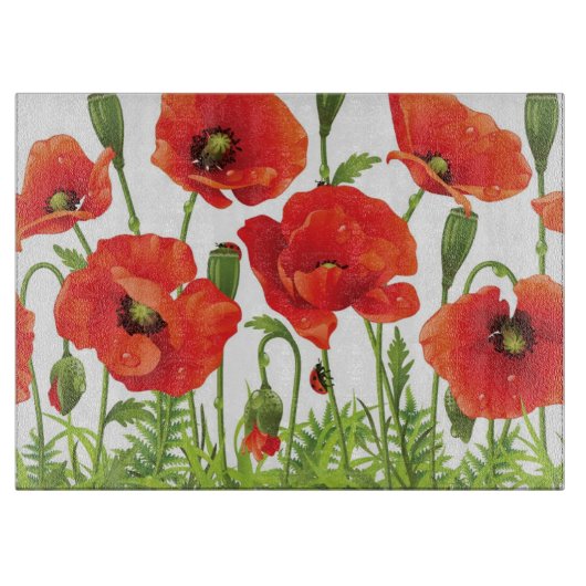 赤いケシが付いている横のボーダー カッティングボード (正面)