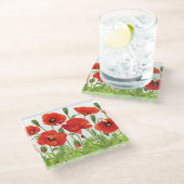 赤いケシが付いている横のボーダー ガラスコースター (アングル)