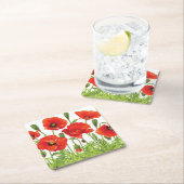 赤いケシが付いている横のボーダー スクエアペーパーコースター (インサイチュ)