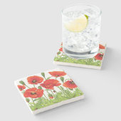 赤いケシが付いている横のボーダー ストーンコースター (横)