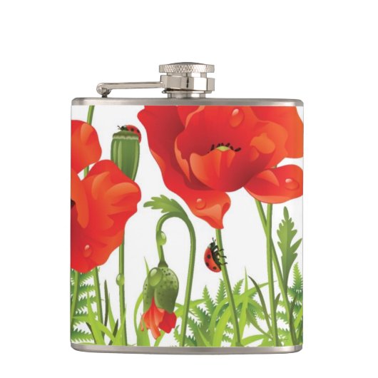 赤いケシが付いている横のボーダー フラスク (正面)