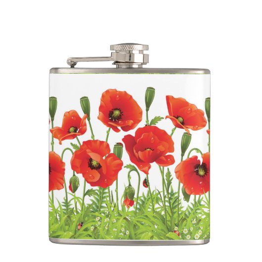 赤いケシが付いている横のボーダー フラスク (正面)