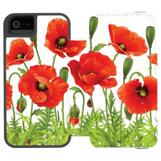 赤いケシが付いている横のボーダー INCIPIO iPhoneウォレットケース (フォリオ Open)