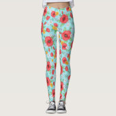 赤いケシとデイジーモダンの花柄 レギンス (正面)