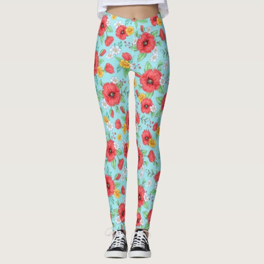 赤いケシとデイジーモダンの花柄 レギンス (正面)