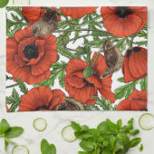 赤いケシとレンシ、白い離れ緑色の キッチンタオル (折り畳み)