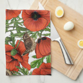 赤いケシとレンシ、白い離れ緑色の キッチンタオル (四つ折り)