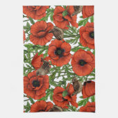 赤いケシとレンシ、白い離れ緑色の キッチンタオル (縦)