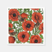 赤いケシとレンシ、白い離れ緑色の スタンダードカクテルナプキン (正面)