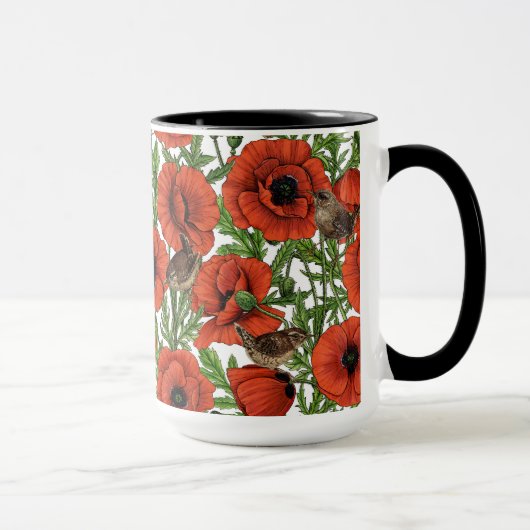 赤いケシとレンシ、白い離れ緑色の マグカップ (右)