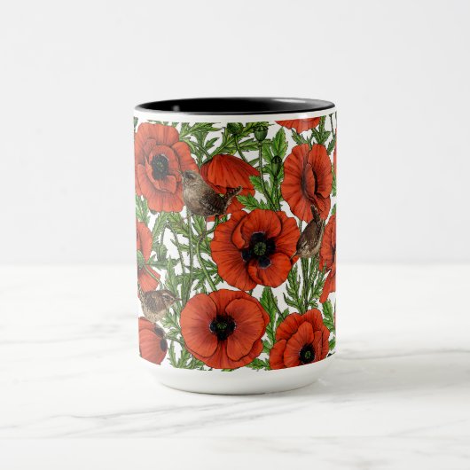 赤いケシとレンシ、白い離れ緑色の マグカップ (中央)