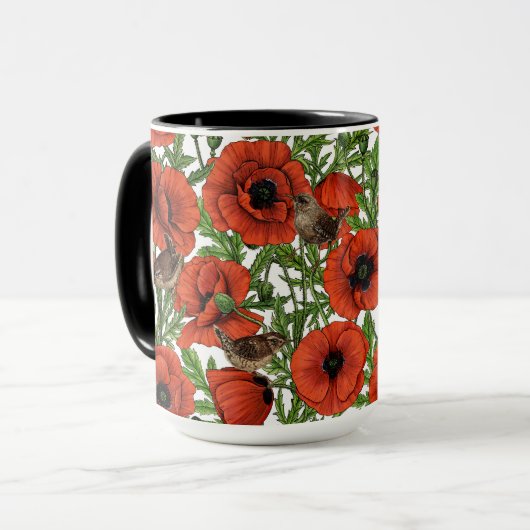 赤いケシとレンシ、白い離れ緑色の マグカップ (正面左)