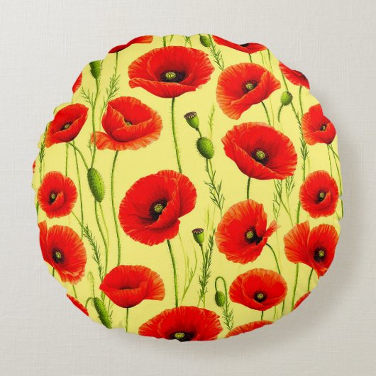 赤いケシと緑の茎 ラウンドクッション (正面)