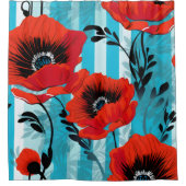 赤いケシと青いストライプ シャワーカーテン (正面)