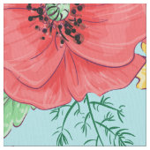 赤いケシと黄色いデイジーの花柄 ファブリック (クローズアップ)