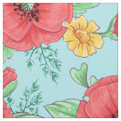 赤いケシと黄色いデイジーの花柄 ファブリック (見本)