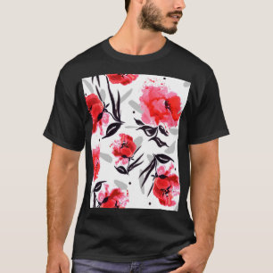 赤いケシのグレーストライプのパターン。 Tシャツ