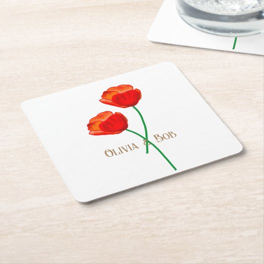 赤いケシのパーソナライズされた花 スクエアペーパーコースター (アングル)
