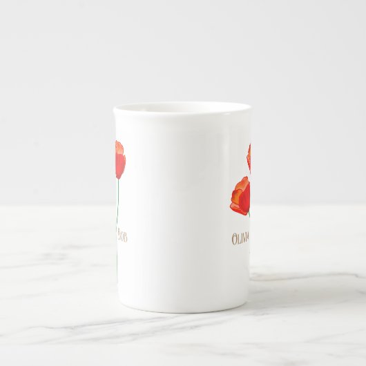 赤いケシのパーソナライズされた花 ボーンチャイナマグカップ (正面)