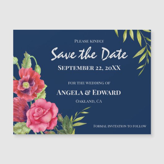 赤いケシのピンクのバラの結婚式の日付を保存 (正面)