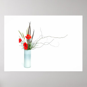 赤いケシのフラワーアレンジメントのikebana ポスター