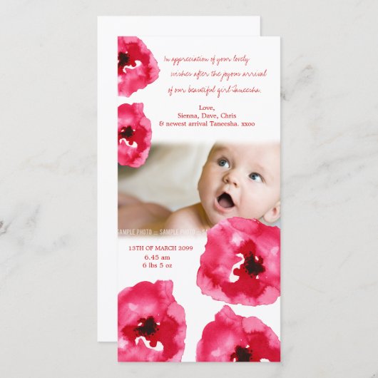 赤いケシのベビーの誕生は写真カード感謝していしています サンキューカード (正面/裏面)