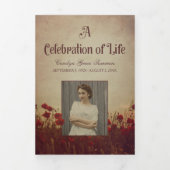 赤いケシのヴィンテージ葬儀プログラムと写真 三つ折りプログラム (カバー)