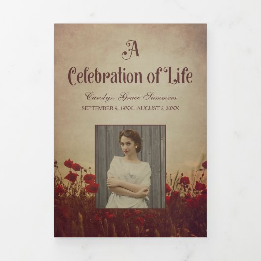 赤いケシのヴィンテージ葬儀プログラムと写真 三つ折りプログラム (カバー)
