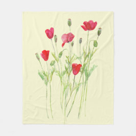 赤いケシの夏の牧草地、野生の花 フリースブランケット