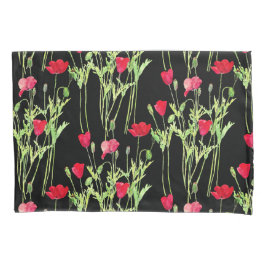 赤いケシの夏の牧草地、野生の花 枕カバー