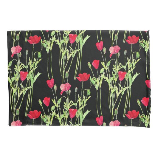 赤いケシの夏の牧草地、野生の花 枕カバー (正面)