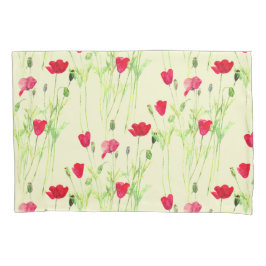 赤いケシの夏の牧草地、野生の花 枕カバー